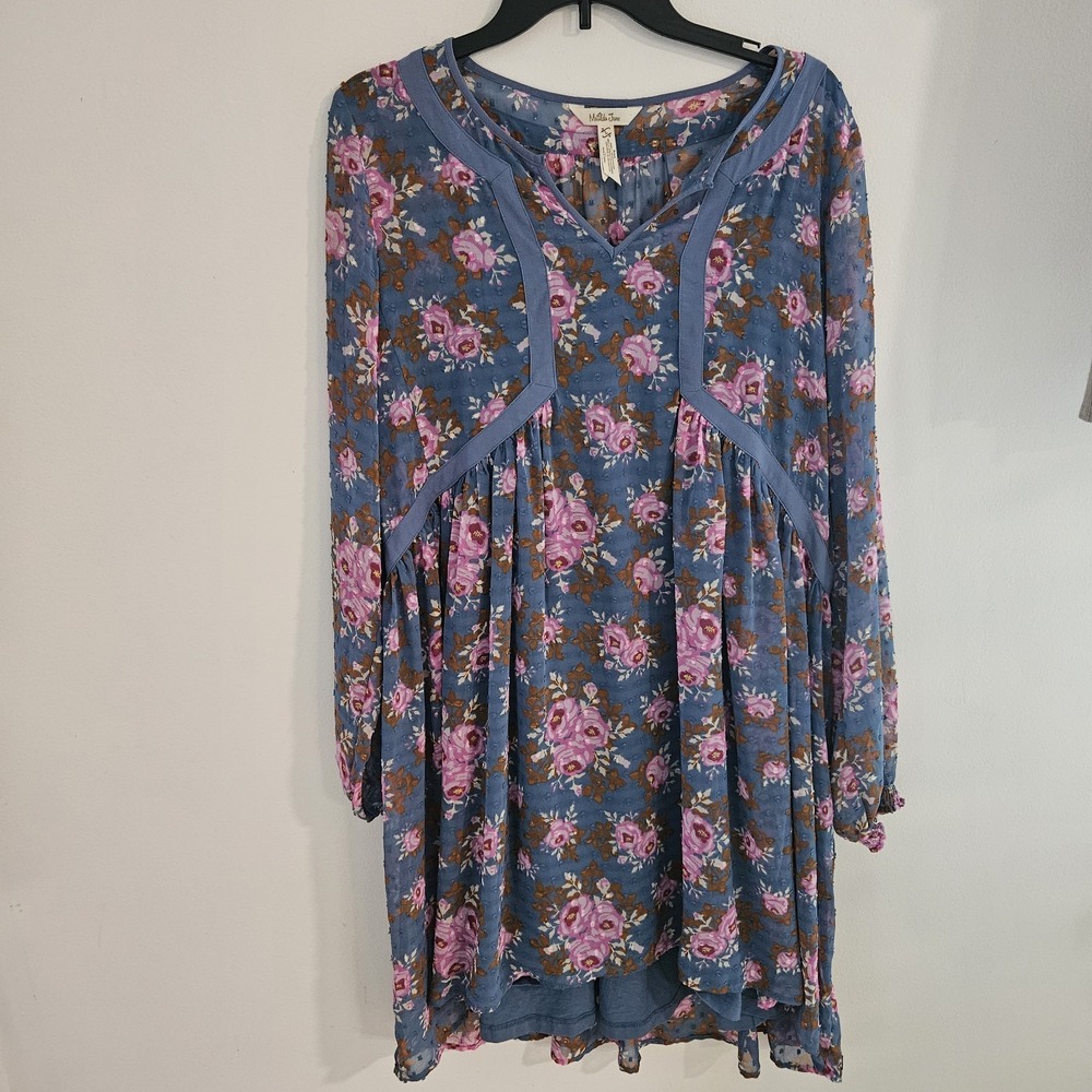 Matilda Jane Floral Flutter Twirl Dress L Women Balloon Sleeve Swiss Dot Midi Bl